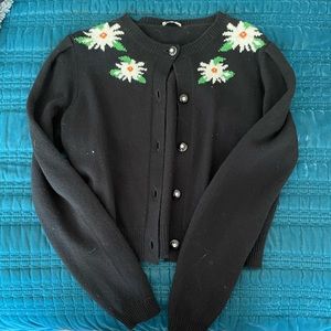 MIU MIU Black cardigan with built in shoulders and floral detail